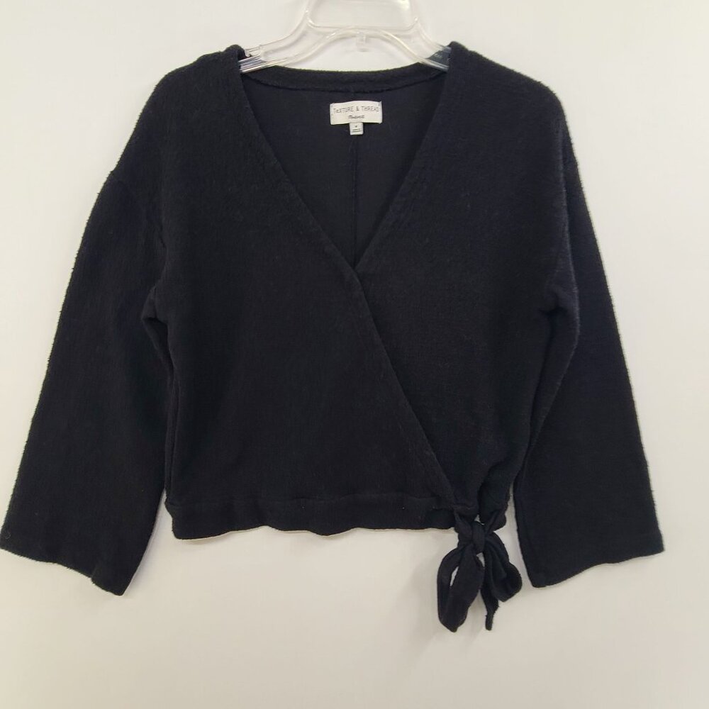 Madewell Texture & Thread  Wrap Crop Black Long Sleeve Blouse Size M